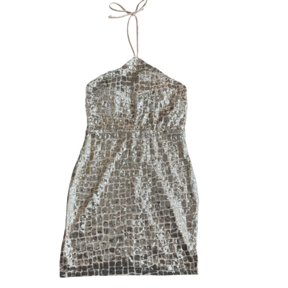 Lovesome Size L Halter Tie Mini‎ Dress Champagne Sequin Sparkle Hoco Party NWT